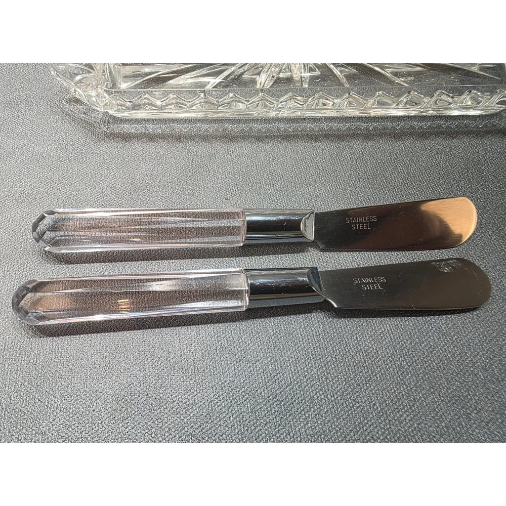 Pressed Glass Butter‎ Dish with Lid and Two Stainless Steel Spreaders Set